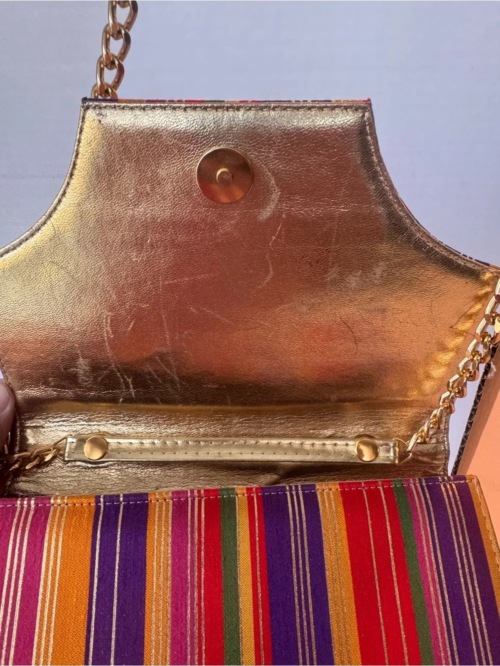 Vintage Timothy Hitsman Striped Evening Bag Convertible Clutch Gold Chain